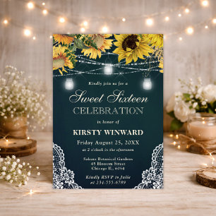 Rustic Sunflower & Mason Jar Lights Sweet Sixteen Invitation