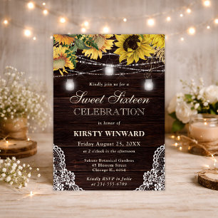 Rustic Sunflower & Mason Jar Lights Sweet Sixteen Invitation