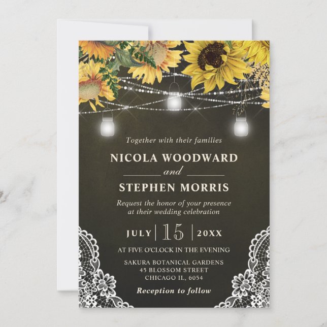 Rustic Sunflower & Mason Jar Lights Wedding Invitation (Front)