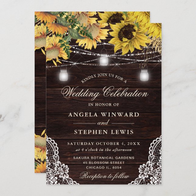 Rustic Sunflower & Mason Jar Lights Wedding Invitation (Front/Back)