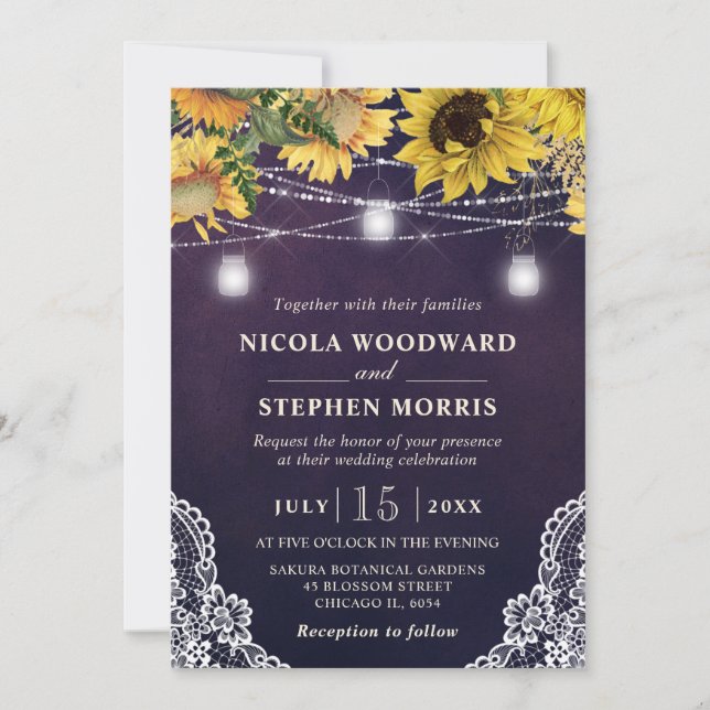Rustic Sunflower & Mason Jar Lights Wedding Invitation (Front)