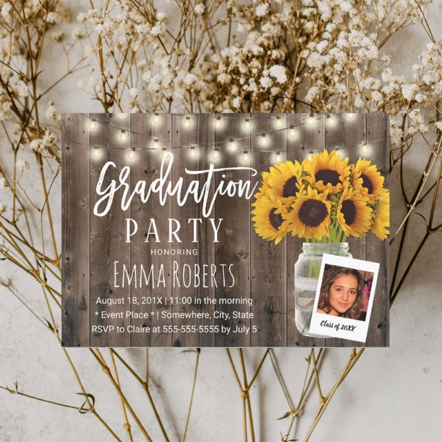 Rustic Sunflower Mason Jar Photo Graduation Invitation (Creator Uploaded)