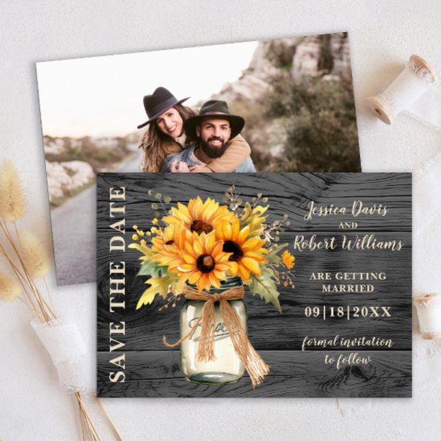 Rustic Sunflower Mason Jar Save the Date (Rustic Sunflower String Lights Save the Date Photo Card)