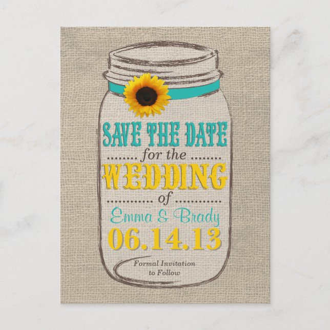 Rustic Sunflower & Mason Jar Save the Date Announcement Postcard (Front)