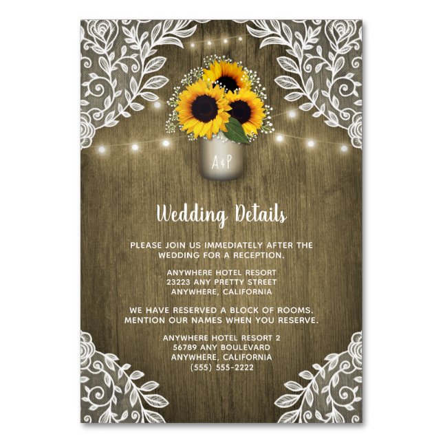 Rustic Sunflower Mason Jar Wedding Insert Cards (Front)