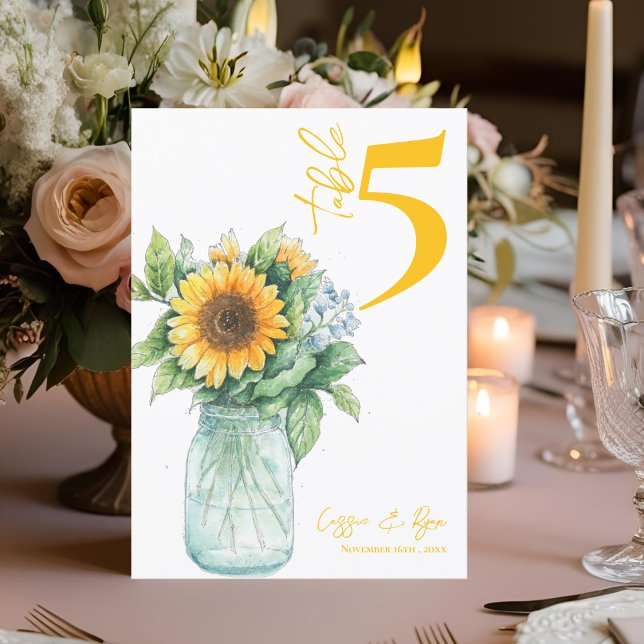 Rustic Sunflower Mason Jar Wedding Table Number (Rustic Sunflower Mason Jar Wedding Table Number)