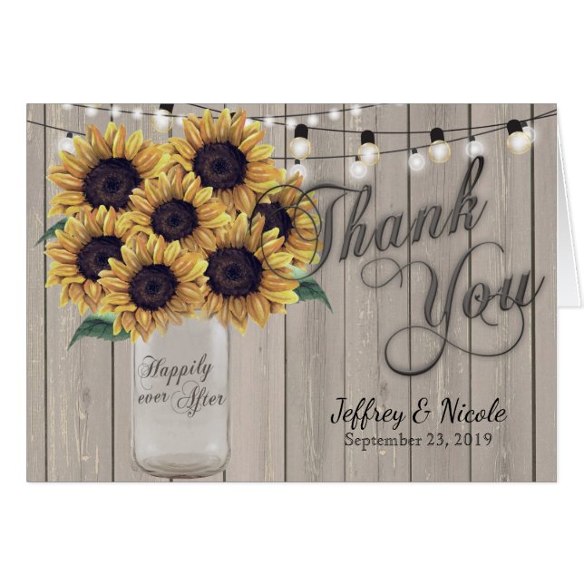 Rustic Sunflower Mason Jar Wedding Thank You Card (Front Horizontal)
