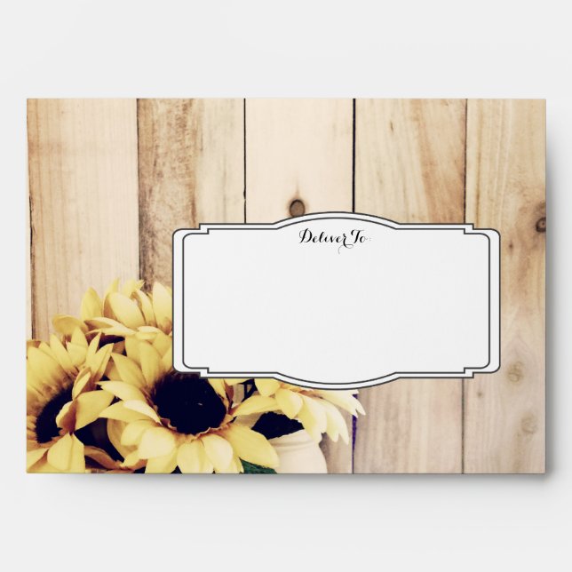 Rustic Sunflower Mason Jar Wood Wedding Envelopes (Front)