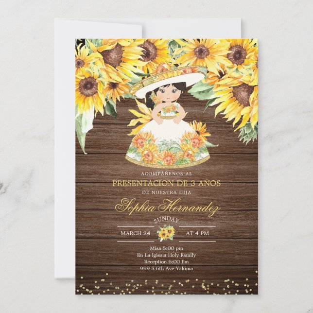 Rustic Sunflower Mexican Girl tres años Invitatio Invitation (Front)