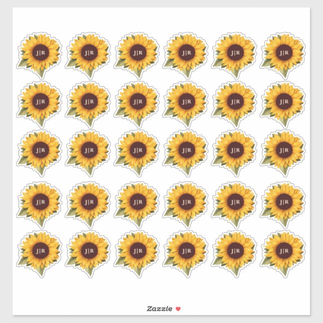 Rustic Sunflower Monogram Envelope Seal Sticker (Sheet)