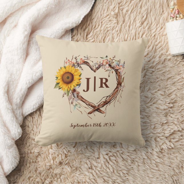 Rustic Sunflower Monogram Wedding Throw Pillow (Blanket)