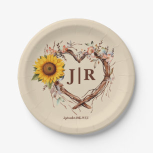 Rustic Sunflower Monogramed Heart Shaped Branch Paper Plate