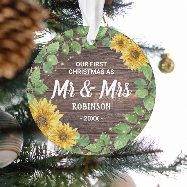 Rustic Sunflower Mr & Mrs Our 1st Christmas Ornament (Creator Uploaded)