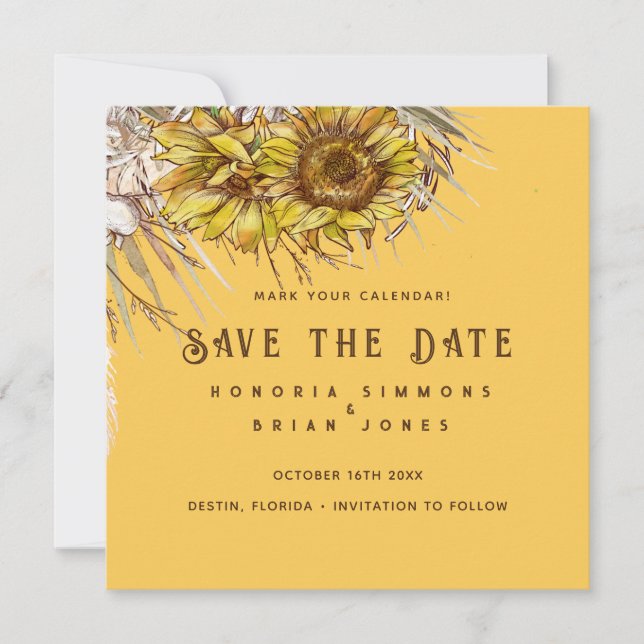 Rustic Sunflower Mustard Square Save the Date (Front)