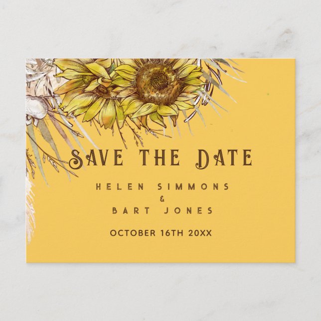 Rustic Sunflower Mustard Square Save the Date Postcard (Front)