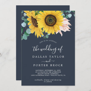 Rustic Sunflower   Navy All In One Wedding Invitation