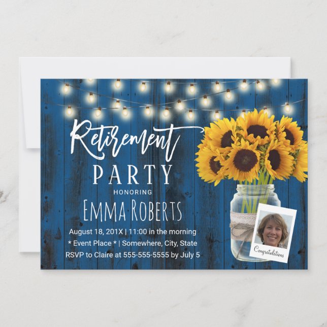 Rustic Sunflower Navy Barn Wood Photo Retirement Invitation (Front)