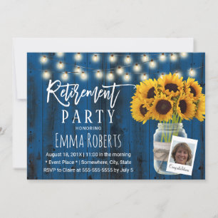 Rustic Sunflower Navy Barn Wood Photo Retirement Invitation