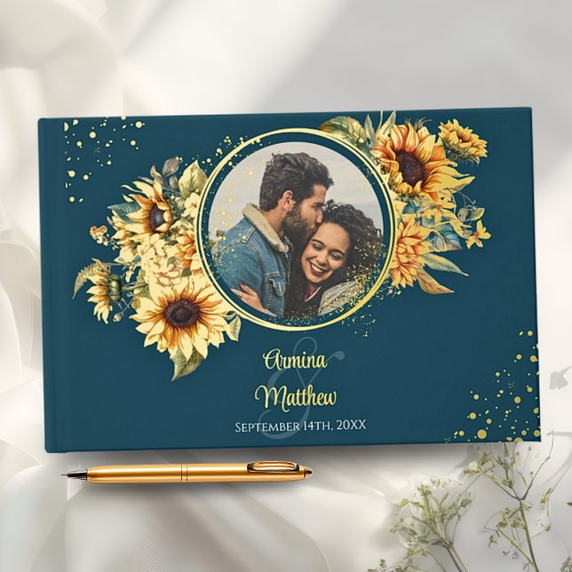 Rustic Sunflower Navy Blue Photo Gold Guest Book (An elegant navy blue wedding guestbook with sunflowers, your custom photo, and gold foil accents)
