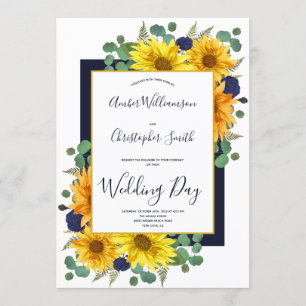 Rustic Sunflower Navy Blue Roses Country Wedding Invitation