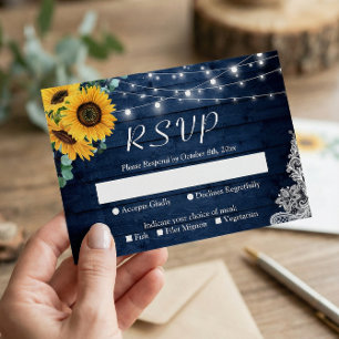Rustic Sunflower Navy Blue String Lights Wedding RSVP Card