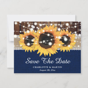 Rustic Sunflower Navy Blue Wedding Save The Date Announcement