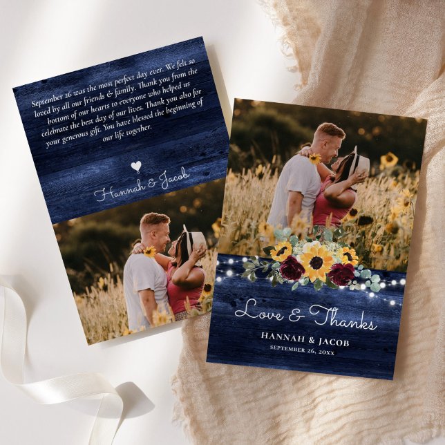 Rustic Sunflower Navy Blue Wedding Thank You Card (Creator Uploaded)