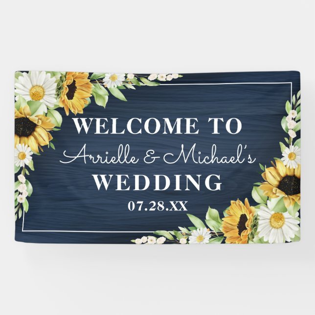 Rustic Sunflower Navy Blue Wood Background Wedding Banner (Horizontal)