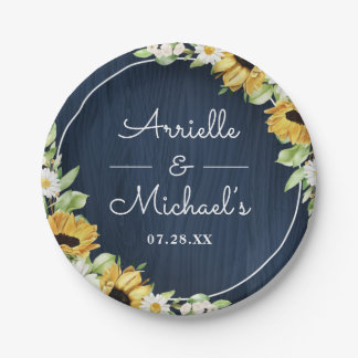 Rustic Sunflower Navy Blue Wood Background Wedding Paper Plate