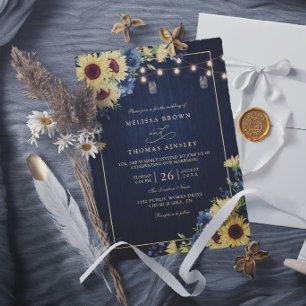 Rustic Sunflower Navy Blue Wood Elegant Wedding Invitation