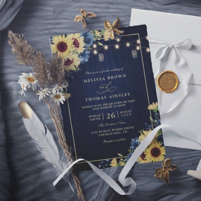 Rustic Sunflower Navy Blue Wood QR Code Wedding Invitation (Creator Uploaded)
