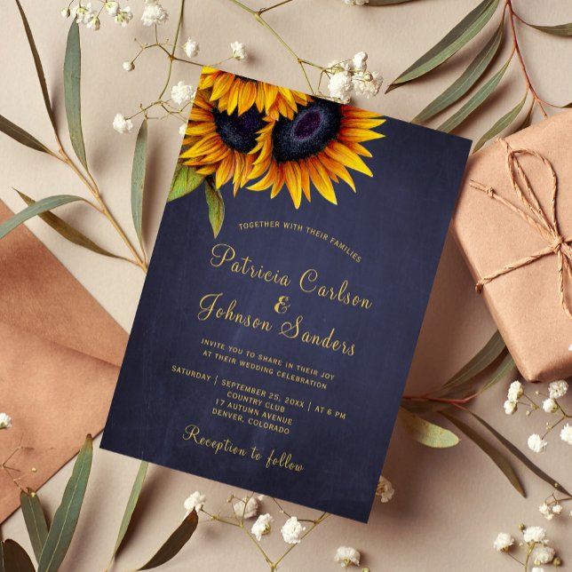 Rustic sunflower navy gold wedding invitation (Creator Uploaded)