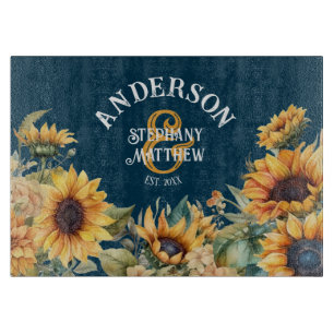 Rustic Sunflower Navy Personalised Wedding Gift Cutting Board