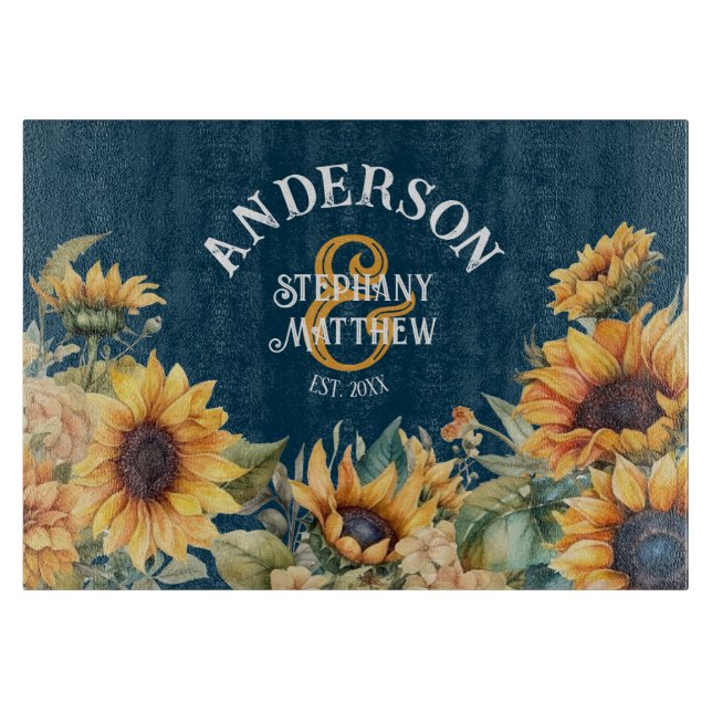 Rustic Sunflower Navy Personalised Wedding Gift Cutting Board (Front)