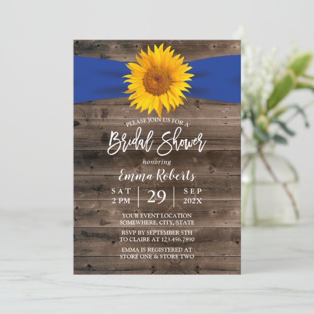 Rustic Sunflower Navy Ribbon Wood Bridal Shower Invitation (Standing Front)