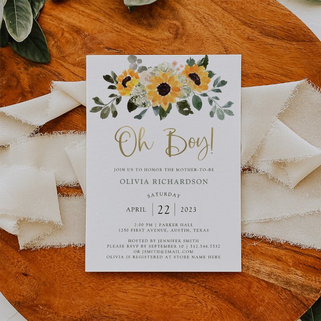 Rustic Sunflower | Oh Boy Baby Shower Gold Script Invitation (Creator Uploaded)