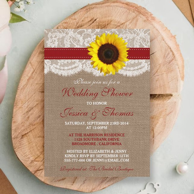 Rustic Sunflower On Burlap & Lace Wedding Shower Invitation (Creator Uploaded)