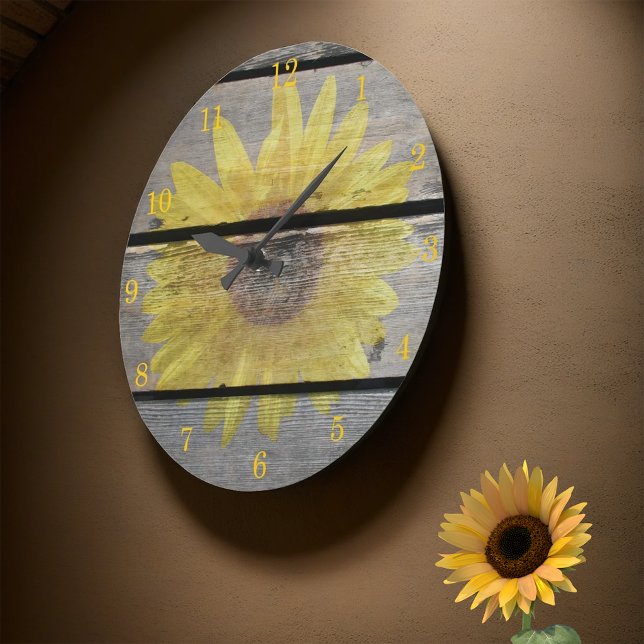 Rustic Sunflower On Wood Large Clock (Creator Uploaded)