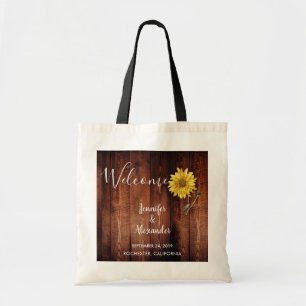 Rustic sunflower on wood Welcome wedding Tote Bag