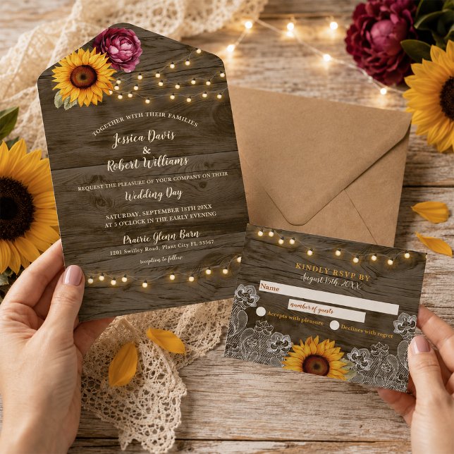 Rustic Sunflower Peony Barn Wood Wedding All In One Invitation (Rustic Sunflower Wedding Invitation)