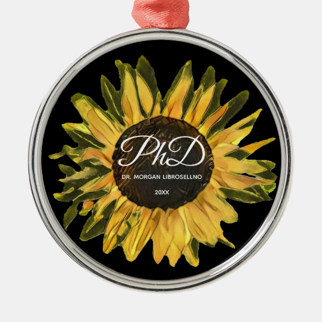 Rustic Sunflower Personalised PhD Graduation Metal Ornament (Front)