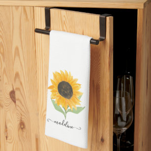 Rustic Sunflower Personalized Name Script Tea Towel