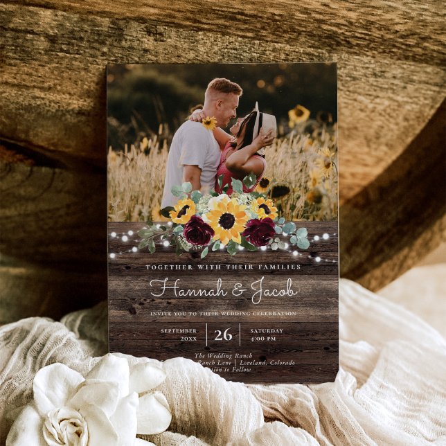 Rustic Sunflower Photo Barn Wood Wedding Invitation (Creator Uploaded)
