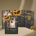 Rustic sunflower photo collage QR RSVP wedding Tri-Fold Invitation<br><div class="desc">Chic rustic country elegant summer or autumn fall wedding stylish budget all in one tri fold photo collage invitation template with scanning QR CODE to online RSVP and details on dark brown barn wood featuring beautiful sunflowers bouquets and strings of twinkle lights. The invitation is suitable for modern elegant rustic...</div>