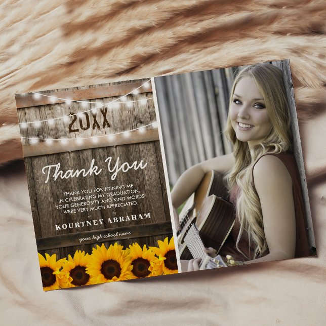 Rustic Sunflower Photo Graduation Photo Thank You Card (Creator Uploaded)