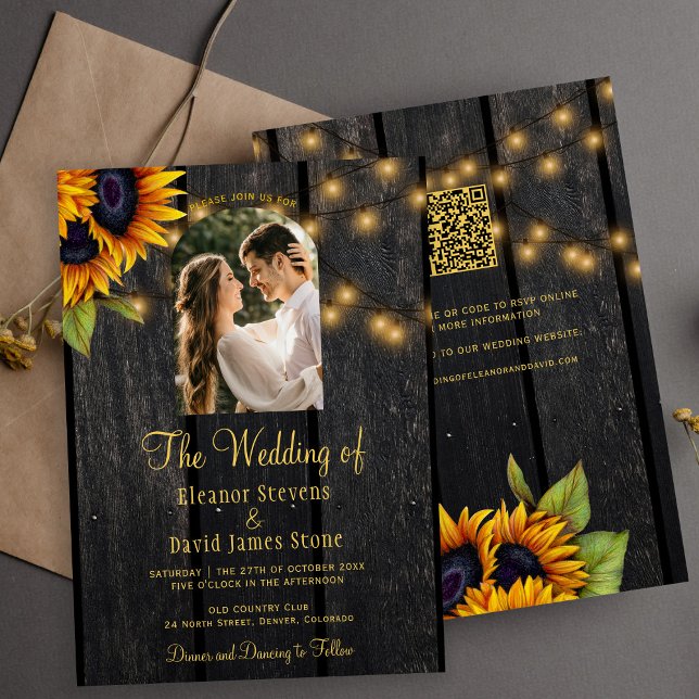 Rustic sunflower photo QR RSVP all in one wedding Invitation (Creator Uploaded)