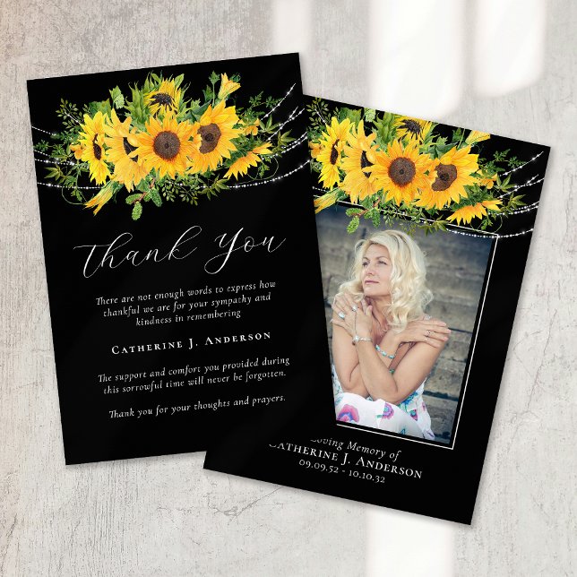 Rustic Sunflower Photo Sympathy Funeral Memorial Thank You Card (Creator Uploaded)
