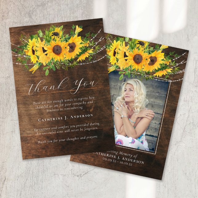 Rustic Sunflower Photo Sympathy Funeral Memorial Thank You Card (Creator Uploaded)