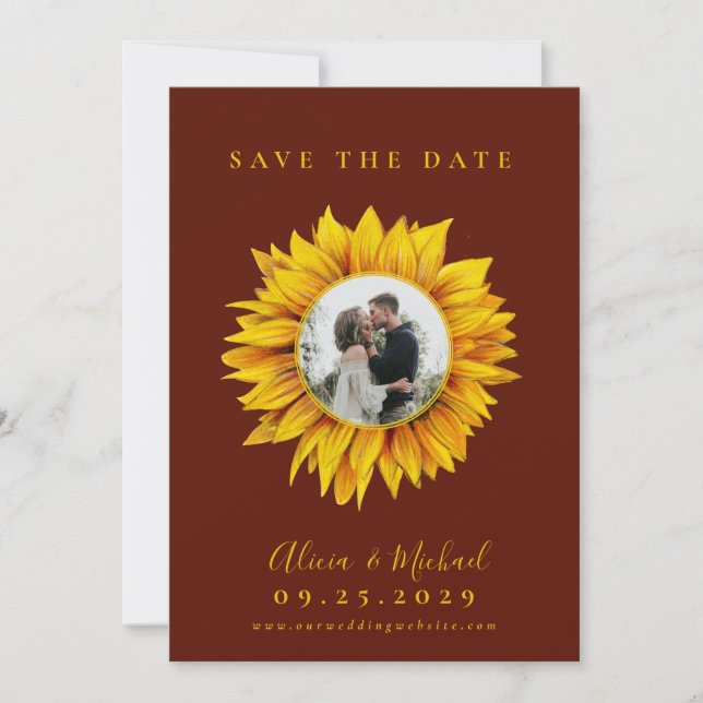 Rustic sunflower photo wedding save the date (Front)