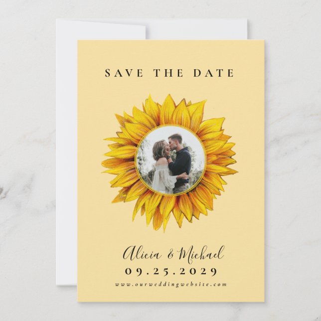 Rustic sunflower photo wedding save the date (Front)